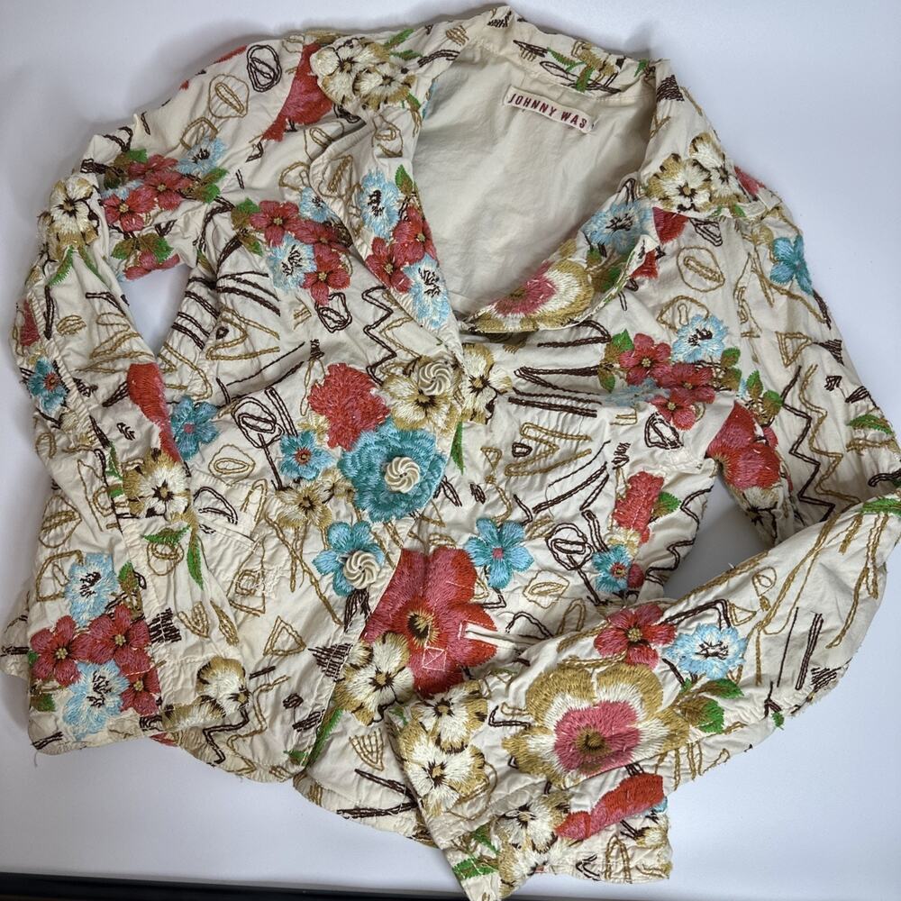 Johnny Was Womens Embroidered Button Up Jacket Small Cream Floral Bohemian Artsy - Picture 6 of 16